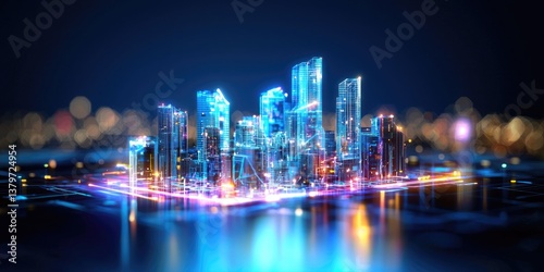 Wallpaper Mural A sleek, low-polygon cityscape of glowing blue, its intricate network of interconnected nodes forming a futuristic representation of blockchain technology, set against a Torontodigital.ca