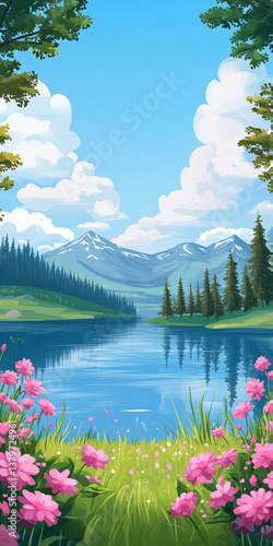 Vertical wallpaper of peaceful lake and forest with blooming pink wildflowers under clear sky