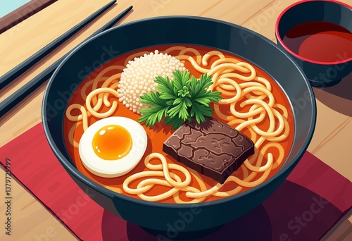 Savor the artistic fusion of food and manga with this stylized image of traditional Japanese ramen soup, expertly rendered in a cel-shaded technique, capturing the essence of both culinary delight and
