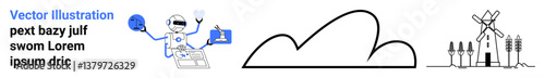 Robot engaging with a laptop while holding a clipboard, abstract cloud shape, windmill with trees. Ideal for technology, digital innovation, renewable energy, simplicity, landscapes, automation