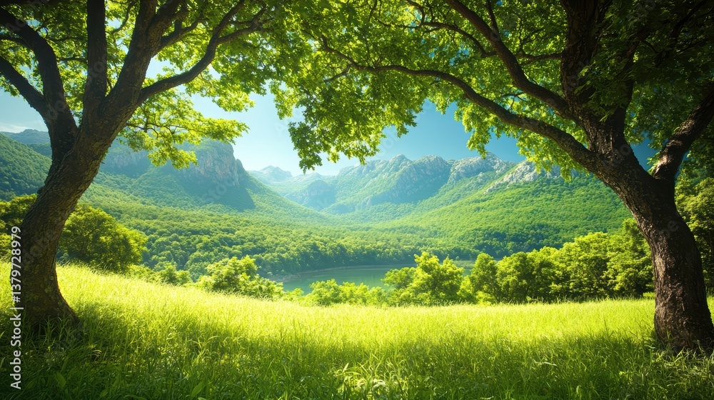 Lush trees stand in a field, framed by majestic mountains in the background. Lush trees stand in a field, framed by majestic mountains in the background.