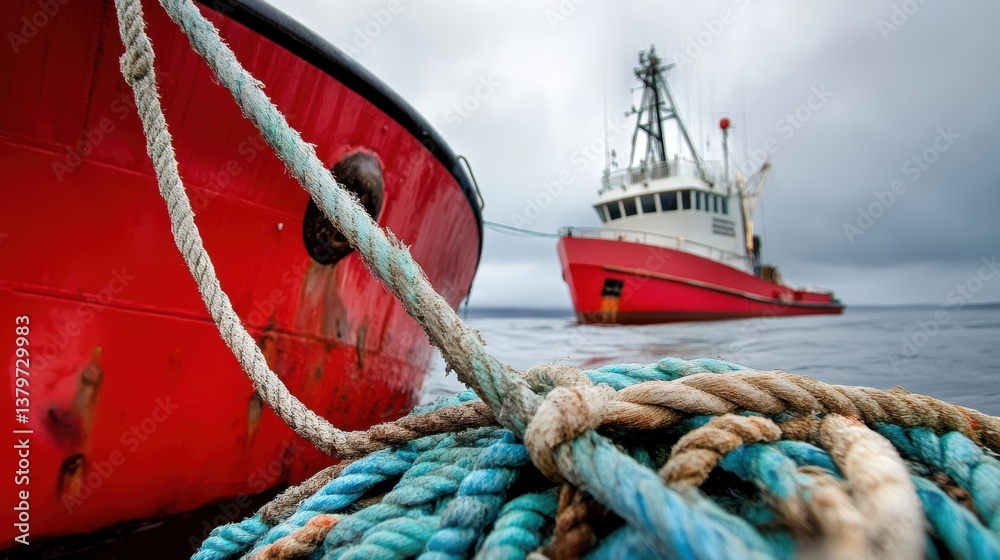 Obraz premium A red boat floats on water, tied with a rope for stability and security.