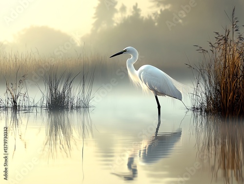 White Egret Standing Calmly in Misty Water Reflecting in the Lake