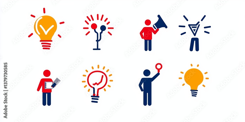 Fototapeta premium A set of eight hand-drawn vector icons representing leadership qualities: vision, motivation, influence, decision making, strategic planning, delegation, communication, e