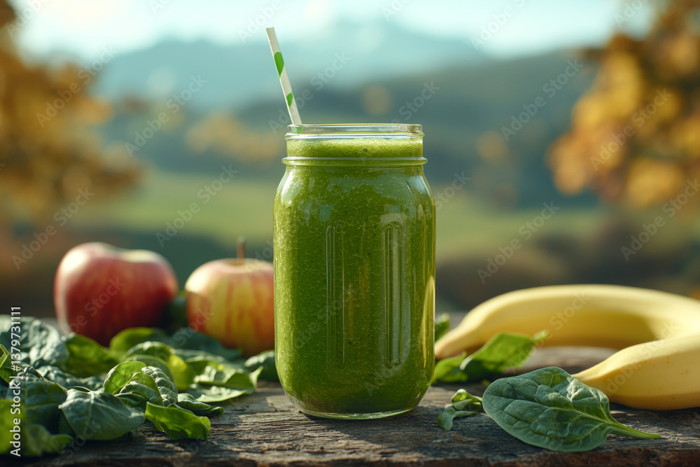 Fresh detox smoothie with banana, apple and spinach in glass jar. Concept of healthy lifestyle and organic diet