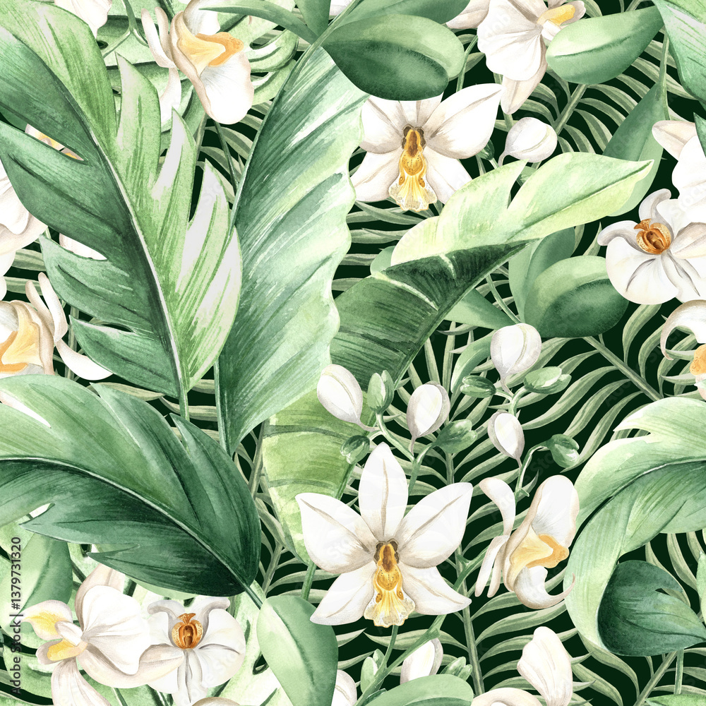Fototapeta premium Watercolor tropical leaves and white orchid flowers isolated illustration. Botanical seamless pattern for rainforest design. Hand drawn monstera, phalaenopsis and lush foliage of exotic jungle plants.