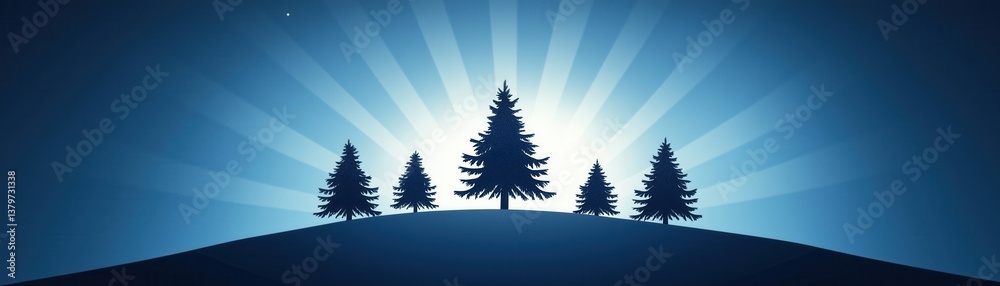 Obraz premium A serene landscape featuring silhouetted trees against a radiant blue background, symbolizing tranquility and nature's beauty.