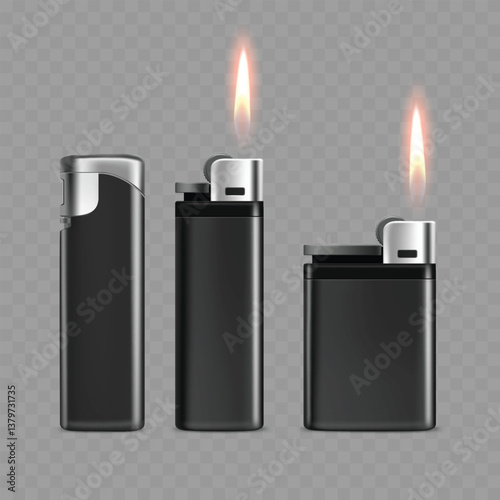 Black Lighter Set with Flame Icon Realistic Vector