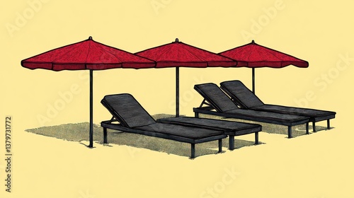 Three black lounge chairs under three red beach umbrellas on a yellow sandy beach.