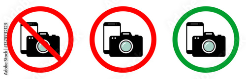 Warning sign, no photos, no phone or camera vector icons. Prohibition on taking photos and videos. No photo allowed or camera prohibited red circle and green allowed round vector icon set isolated.