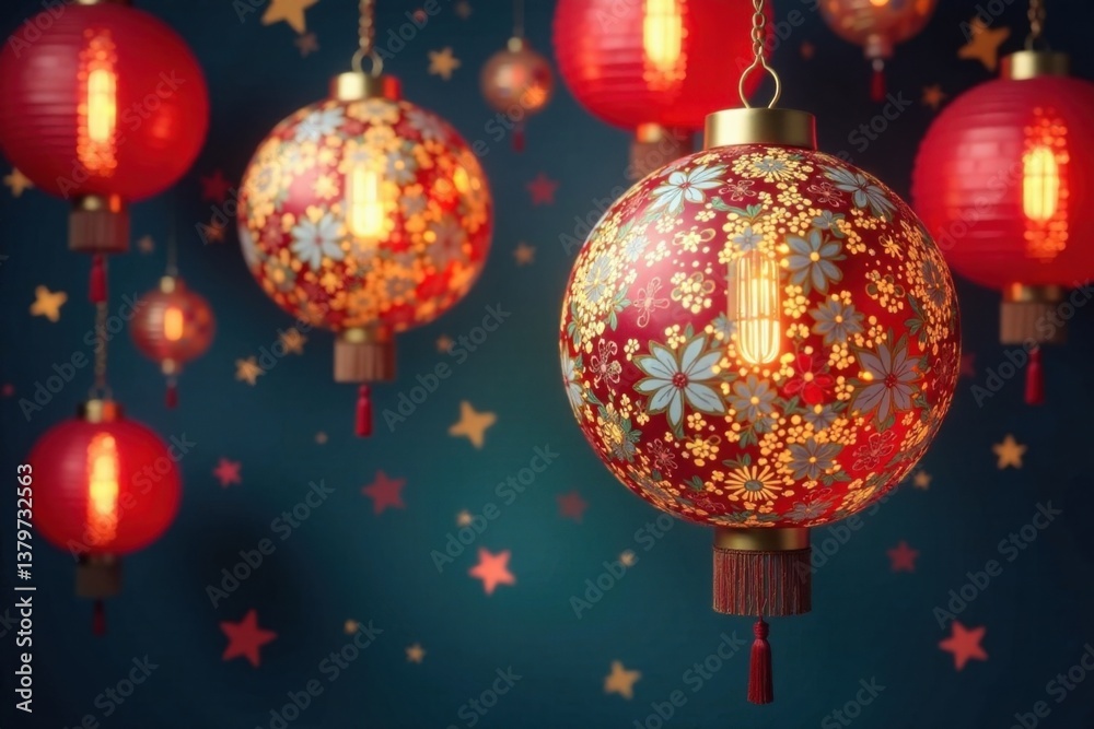 Fototapeta premium New Year Decorations Hanging from the Ceiling , streamers, confetti, celebration