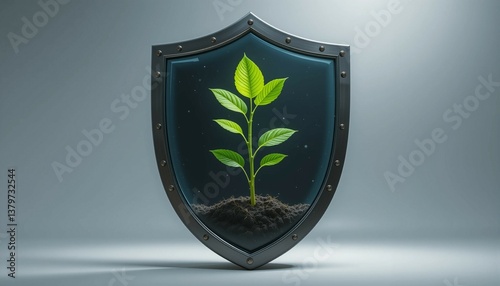 Shield with growing plant, protection and nurturing concept, studio lighting, clean background, security metaphor