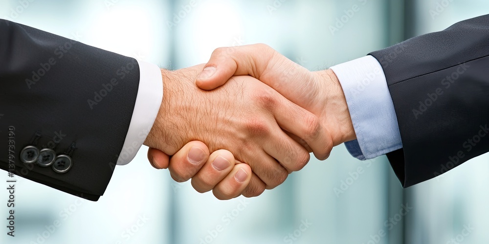 Two business professionals, their hands clasped in a firm handshake, engaged in lively conversation during a meeting in a modern office, their smiles reflecting the succe Two business professionals, their hands clasped in a firm handshake, engaged in lively conversation during a meeting in a modern office, their smiles reflecting the succe