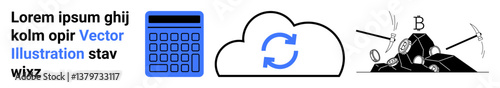Calculator and cloud representing digital tools and storage, alongside cryptocurrency mining with pickaxes and coins. Ideal for technology, finance, blockchain, cryptocurrency, cloud storage, data