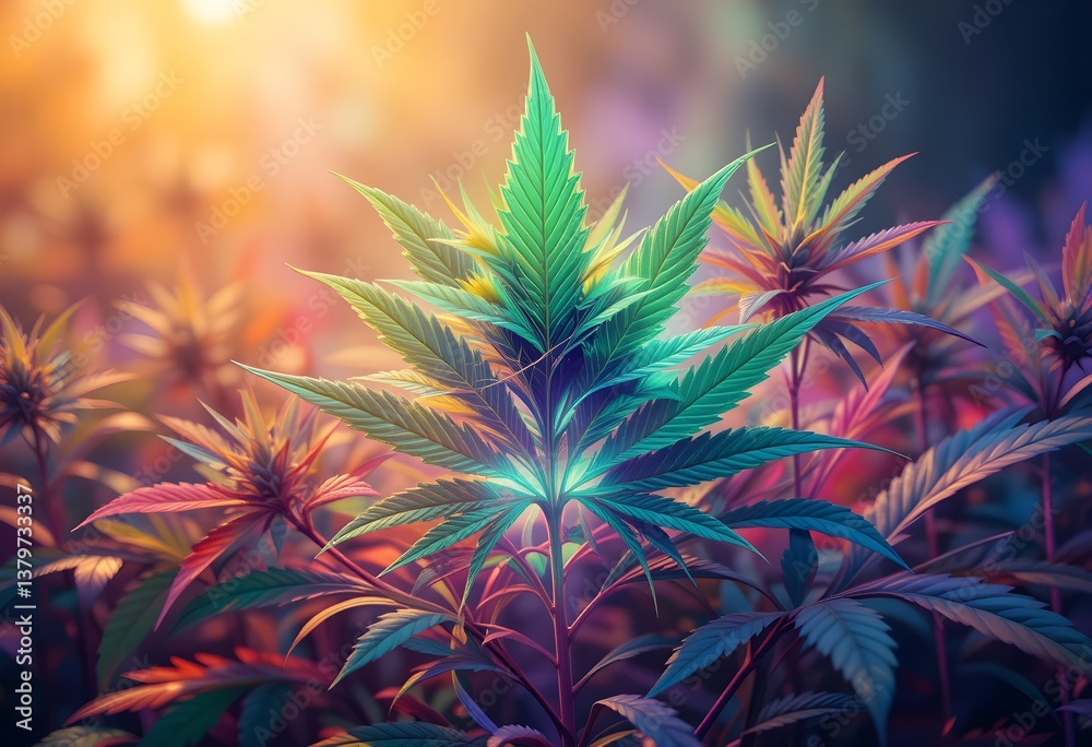 custom made wallpaper toronto digitalVibrant Rainbow Cannabis Leaf with Multicolor Glow in a Dreamy Psychedelic Nature Background 