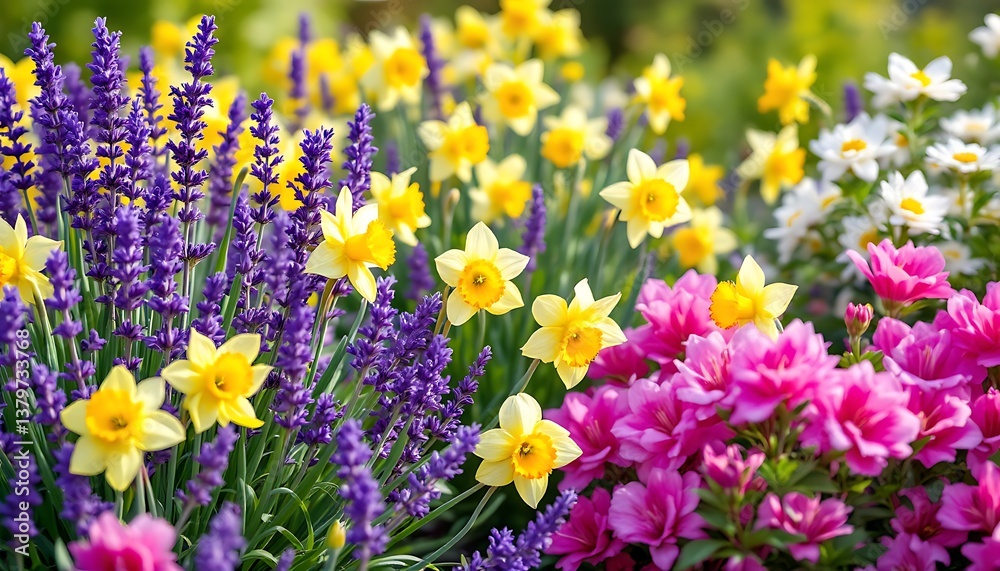 Fototapeta premium Blooming Garden Featuring Daffodils Lavender and Azaleas in Springtime