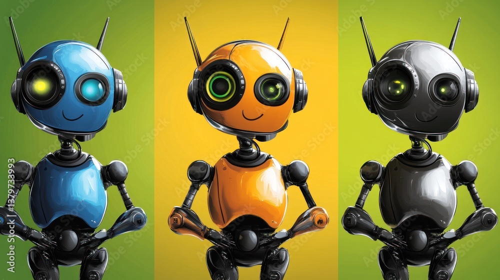 Obraz premium Three cute robots in blue, orange, and grey, standing against colorful backgrounds.