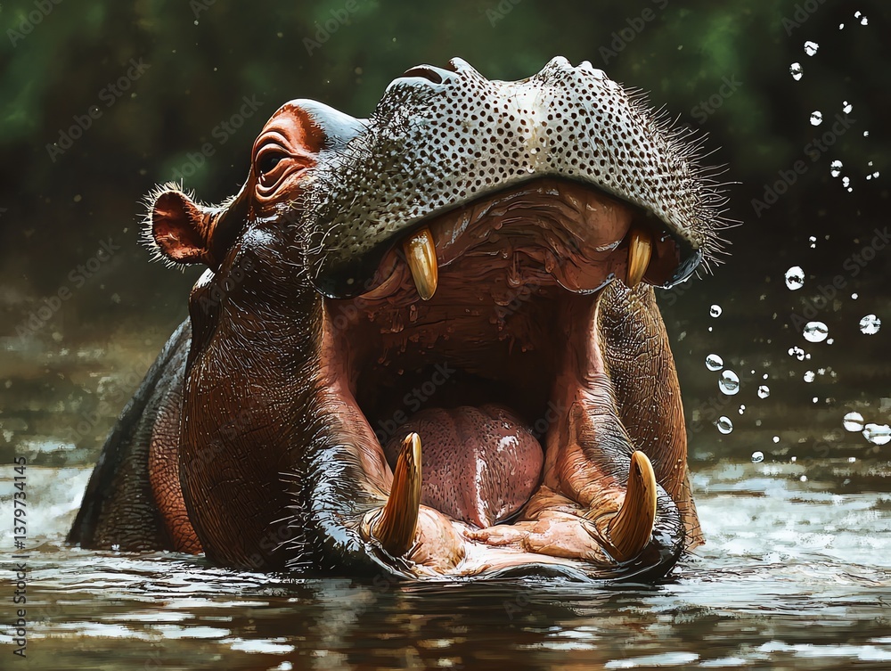 Fototapeta premium Hippo Opening Mouth Wide in Water with Visible Teeth and Tongue