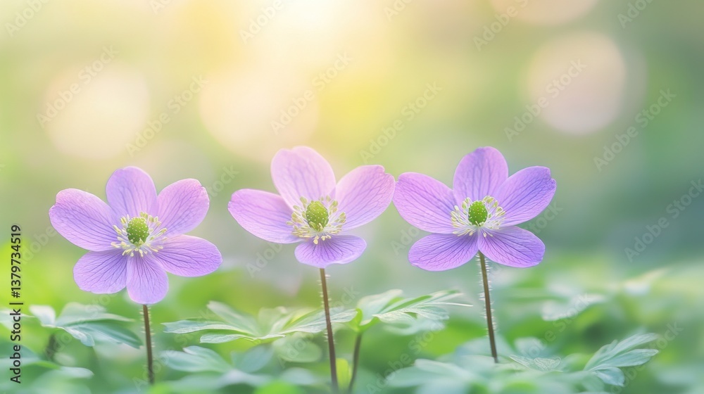 Fototapeta premium Three delicate light purple flowers in a lush green meadow bathed in soft sunlight.