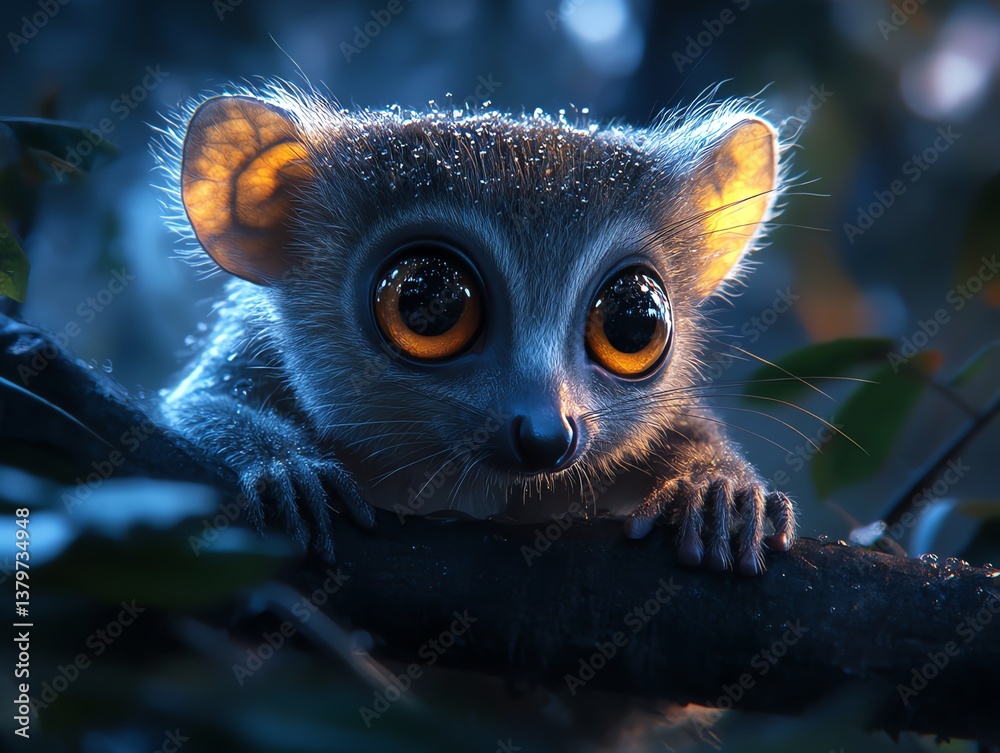 Fototapeta premium Cute Bush Baby Portrait with Big Eyes Sitting on Branch at Night