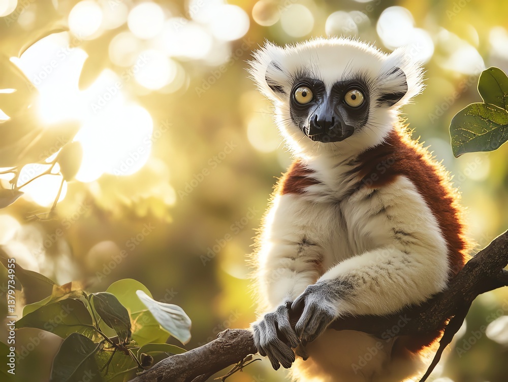 Fototapeta premium Coquerel's Sifaka Lemur Portrait Sitting on Branch with Bokeh Light