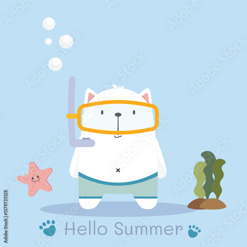 Cute cat wear swimming shorts and snorkeling mask concept hello summer traveling illustration decorate by seaweed, air bubble and starfish in the sea vacation cartoon style. Flat design for children.