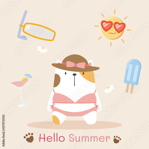 Cute cat wear bikini and hat concept hello summer traveling illustration decorate by happy sun, snorkeling mask, popsicle ice cream and cocktail beach vacation cartoon style. Flat design for children