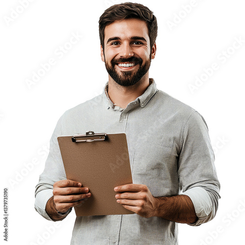 Smiling Man in Casual Shirt Holding a Clipboard, isolated on transparent background