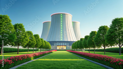 futuristic nuclear fusion power plant stands majestically, surrounded by vibrant greenery and blooming flowers, showcasing advanced technology