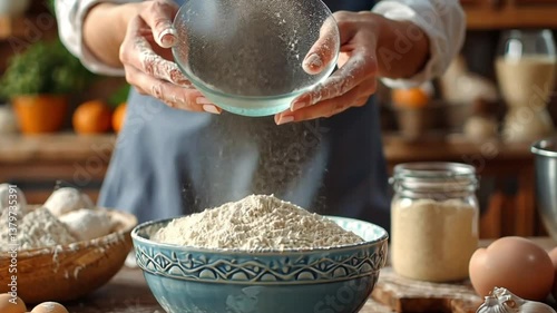 Sifting Flour into Blue Bowl on Wooden Table