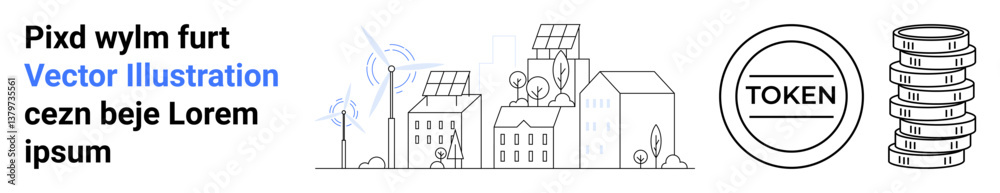 Fototapeta premium Urban area with solar panels, wind turbines, and greenery alongside stacked blockchain tokens and token logo. Ideal for sustainability, green energy, blockchain, smart cities, eco-friendly