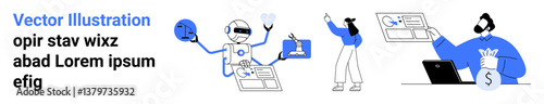 Robot interacts with digital elements while people work on ideas, progress, and finances. Ideal for technology, teamwork, data analysis, productivity, innovation, financial strategy simple landing