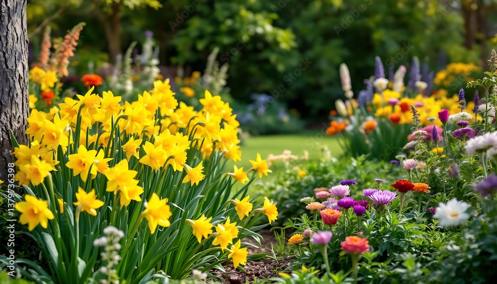 Obraz premium Blooming Daffodils and Colorful Flowers in a Lush Garden Setting