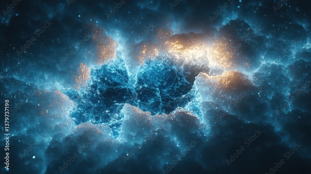 Fototapeta premium Abstract Cosmic Nebula Glowing Blue and Gold Energy Burst Fractal Art Background