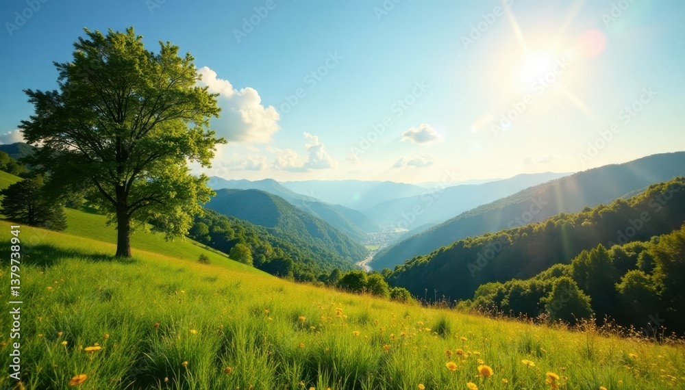 Fototapeta premium Sunny landscape with trees and hills , sunshine, mountains