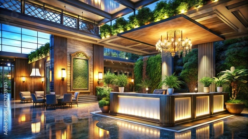 Surreal Night Luxury Resort Hotel Reception & Fine Dining Restaurant - Blank Signboard Mockup