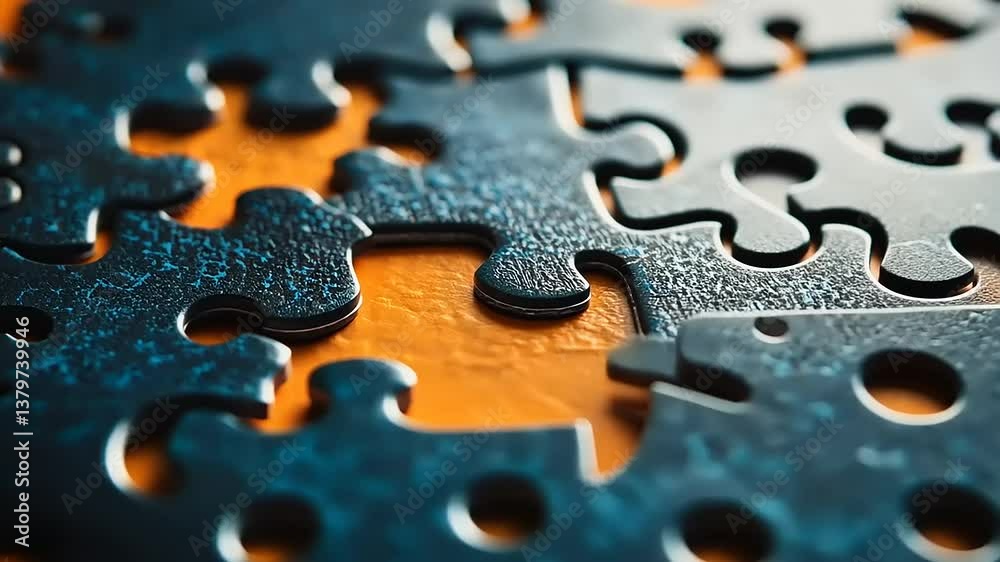 Close-up of interlocking puzzle pieces with an orange background, showcasing texture and detail Close-up of interlocking puzzle pieces with an orange background, showcasing texture and detail