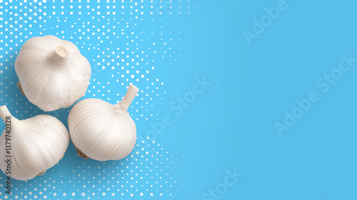 Garlic Trio on Blue Backdrop: A clean and modern image features three fresh garlic bulbs artfully arranged on a vibrant blue backdrop, ideal for culinary projects.