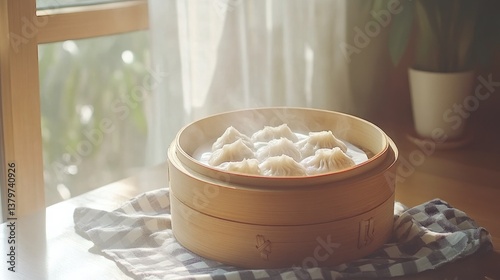 A bamboo steamer with freshly made pork dumplings, resting on a checkered cloth
