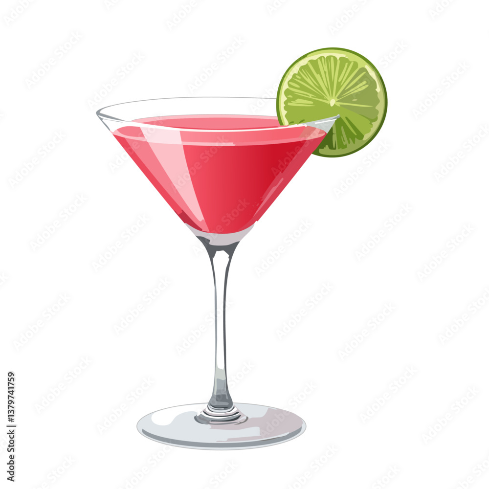 Cocktail in a cosmopolitan glass vector illustration. Summer alcoholic drink on isolated background for bar and menu Cocktail in a cosmopolitan glass vector illustration. Summer alcoholic drink on isolated background for bar and menu