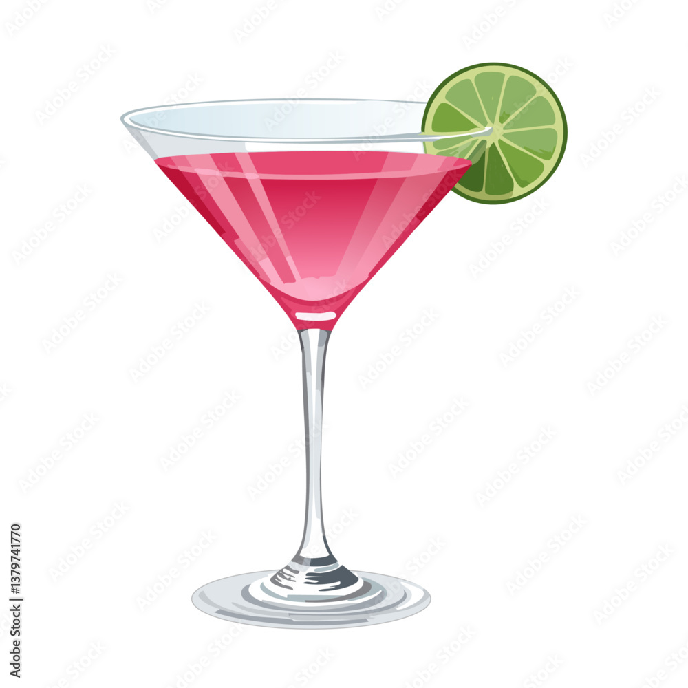 Cocktail in a cosmopolitan glass vector illustration. Summer alcoholic drink on isolated background for bar and menu Cocktail in a cosmopolitan glass vector illustration. Summer alcoholic drink on isolated background for bar and menu