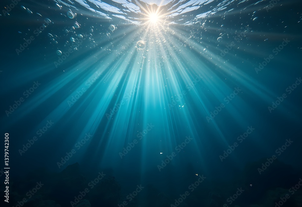 Fototapeta premium Sunlight Beaming Through Tranquil Ocean Waters with Floating Bubbles and Deep Blue Serenity 