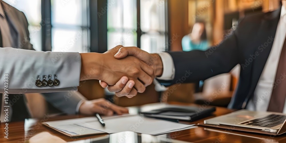 Successful Business Partnership: Two Colleagues Shake Hands to Seal a Deal,  Building Trust and Collaboration for Future Growth and Profit.  A Strong Agreement for mutual success.
