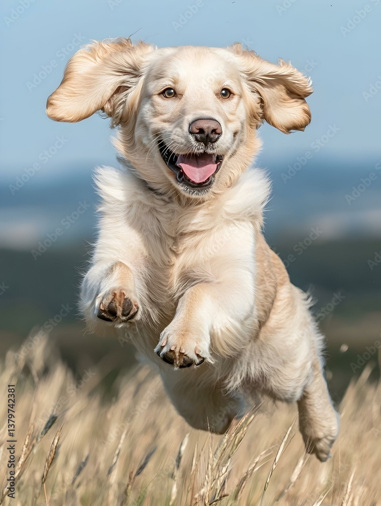 Joyful golden cocker spaniel puppy leaps through tall grass, ears flapping in the wind. A stunning image capturing canine energy and happiness. Joyful golden cocker spaniel puppy leaps through tall grass, ears flapping in the wind. A stunning image capturing canine energy and happiness.
