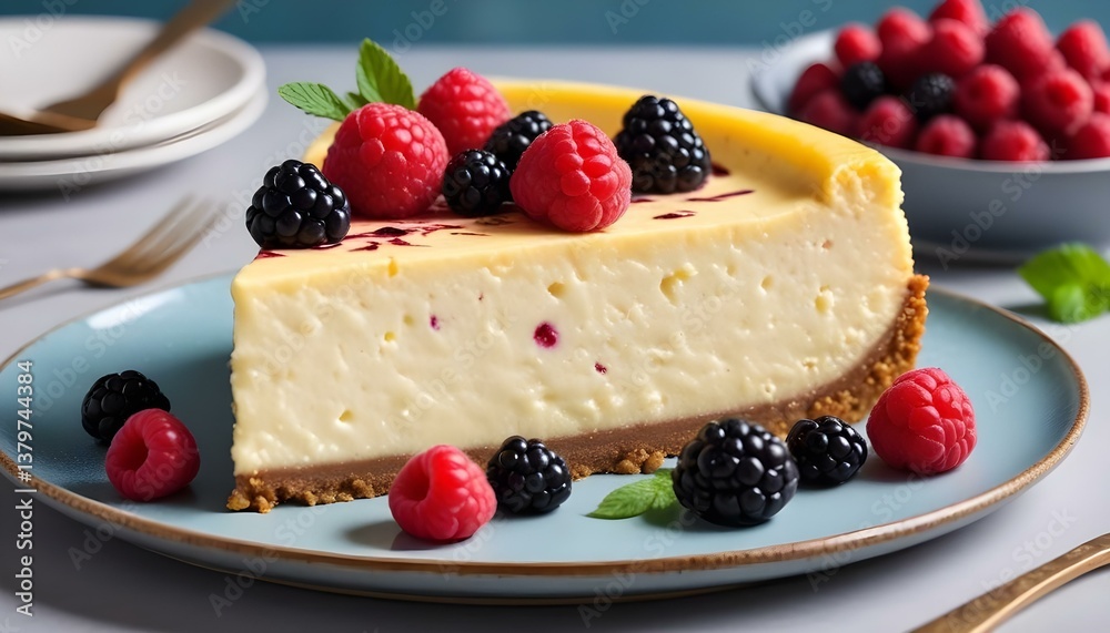 A close-up shot features a cheesecake adorned with fresh berries and a lemon slice, set on a speckled gray plate A close-up shot features a cheesecake adorned with fresh berries and a lemon slice, set on a speckled gray plate