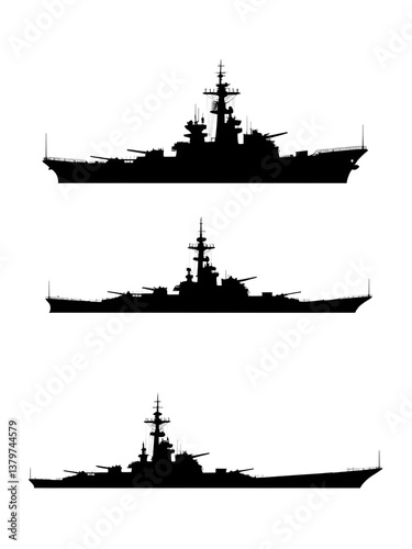 Silhouette vector illustration of a military battleship icon on a black and white background