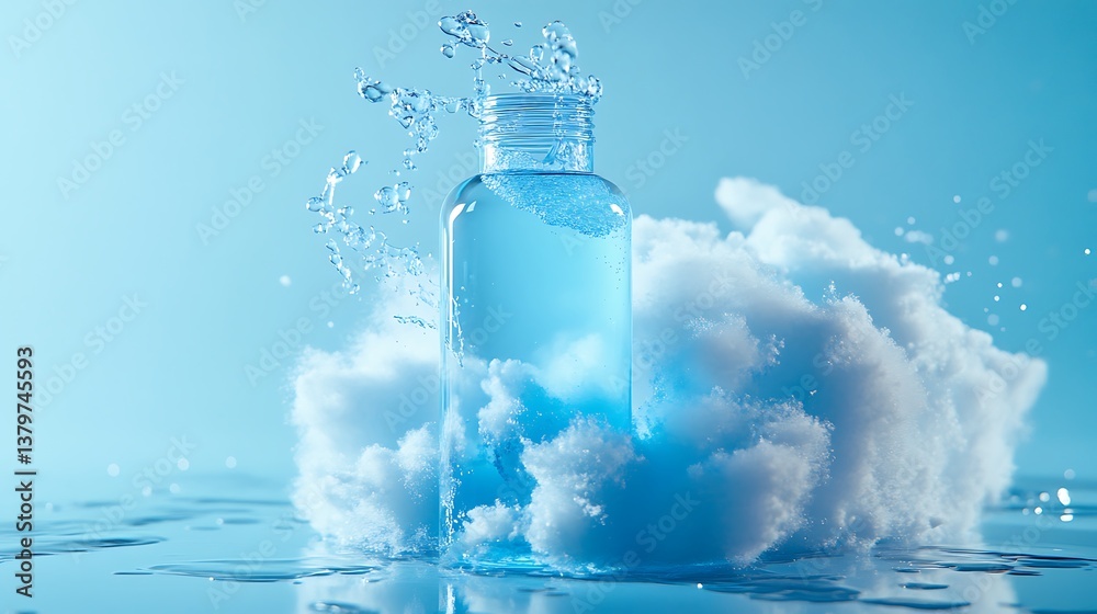 High-speed capture of polish being poured next to a sky blue bottle, forming a cloud shape mid-motion, set on a bright background with spotlighting. Created Using: High-speed DSLR, High-speed capture of polish being poured next to a sky blue bottle, forming a cloud shape mid-motion, set on a bright background with spotlighting. Created Using: High-speed DSLR,