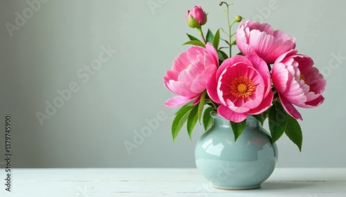 Fototapeta Naklejka Na Ścianę i Meble -  Watercolor peonies in a vase with greenery , watercolor, greenery