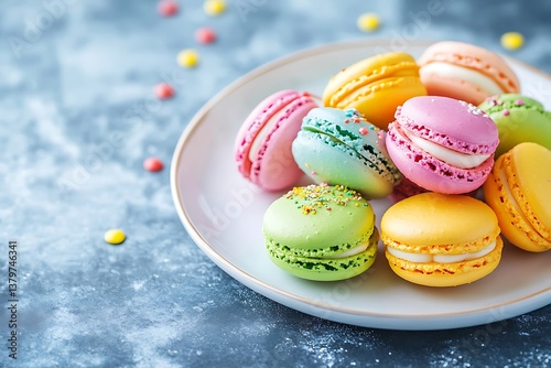 A delightful pastel-colored macaron tower, a sweet symphony of springtime flavors, displayed on a simple white plate against a subtly textured blue background.