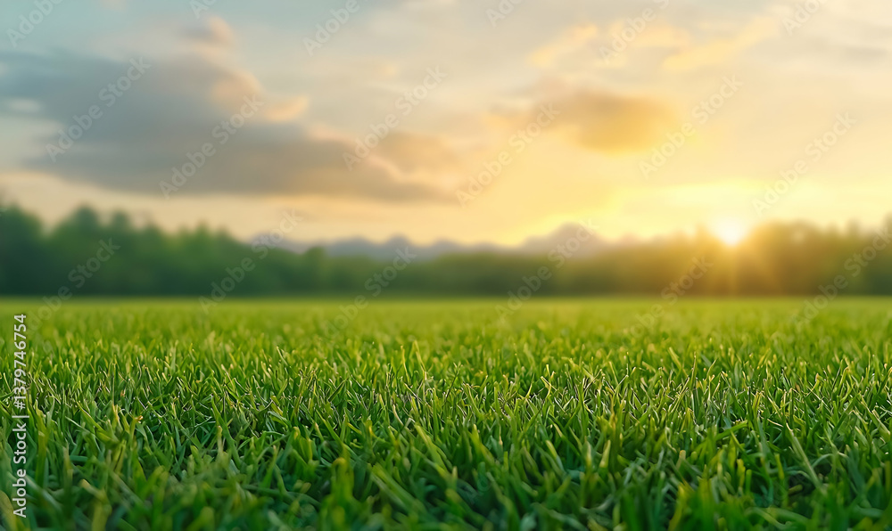 Close-Up View of Grassy Field at Sunset near Stadium Landscape Close-Up View of Grassy Field at Sunset near Stadium Landscape